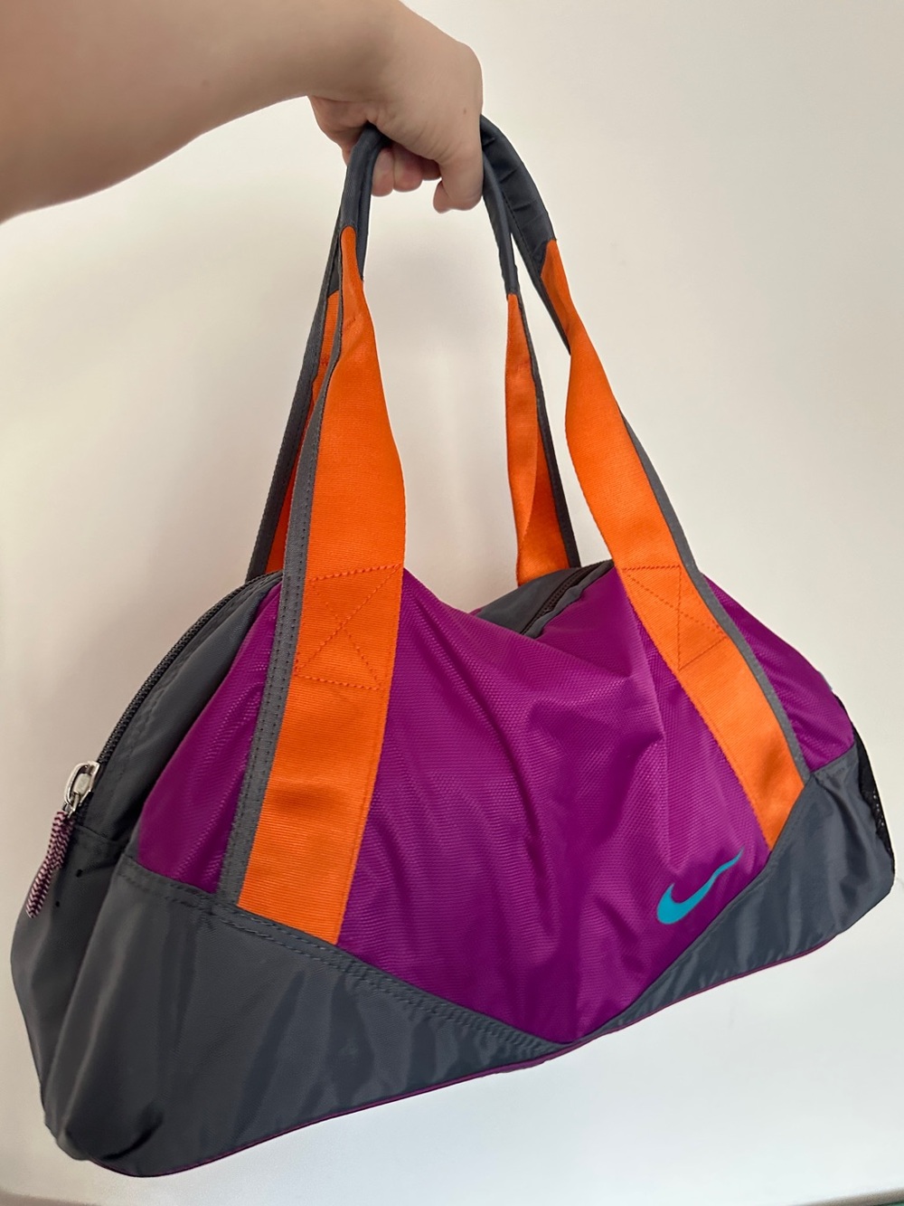 Nike Purple and Orange Nylon Travel Duffel with Teal Swoosh